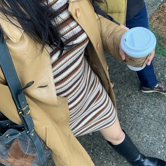 Reformation Leone Cashmere Crewneck Sleeve Sweater Knit Mini Dress Brown Stripe - Picture 5 of 13